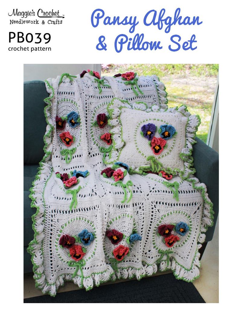PB039-R Pansy Afghan & Pillow Crochet Pattern