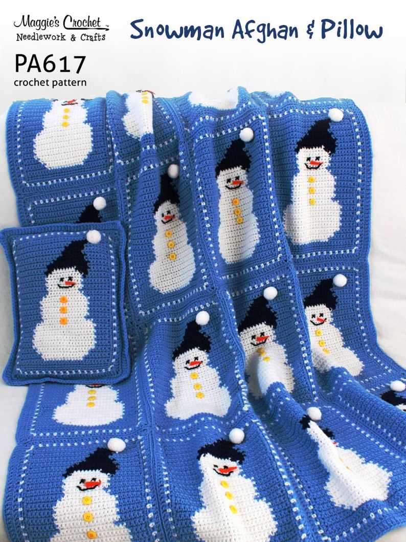 PA617-R Snowman Afghan & Pillow Crochet Pattern