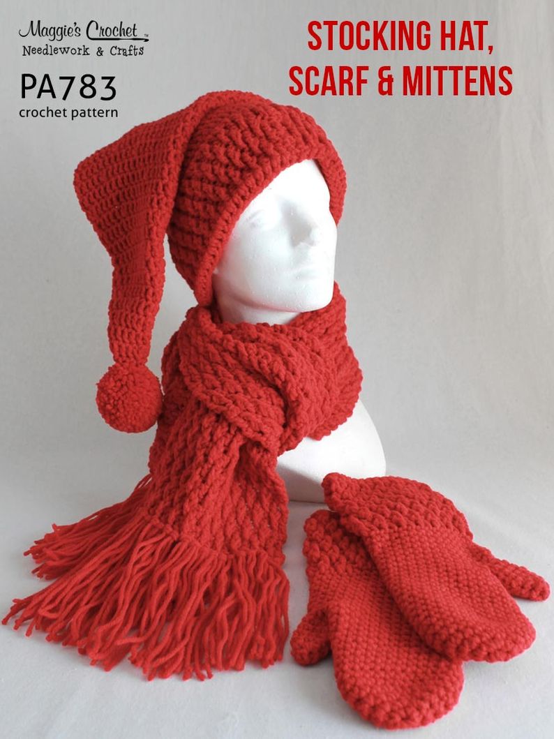 PA783-R Stocking Hat Mitten Scarf Crochet Pattern