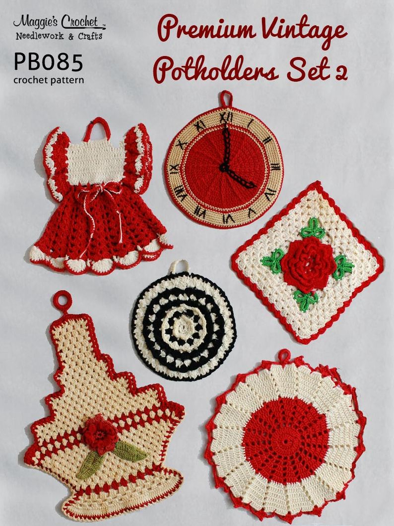 PB085-R Premium Vintage Potholders Set 2 Crochet Pattern