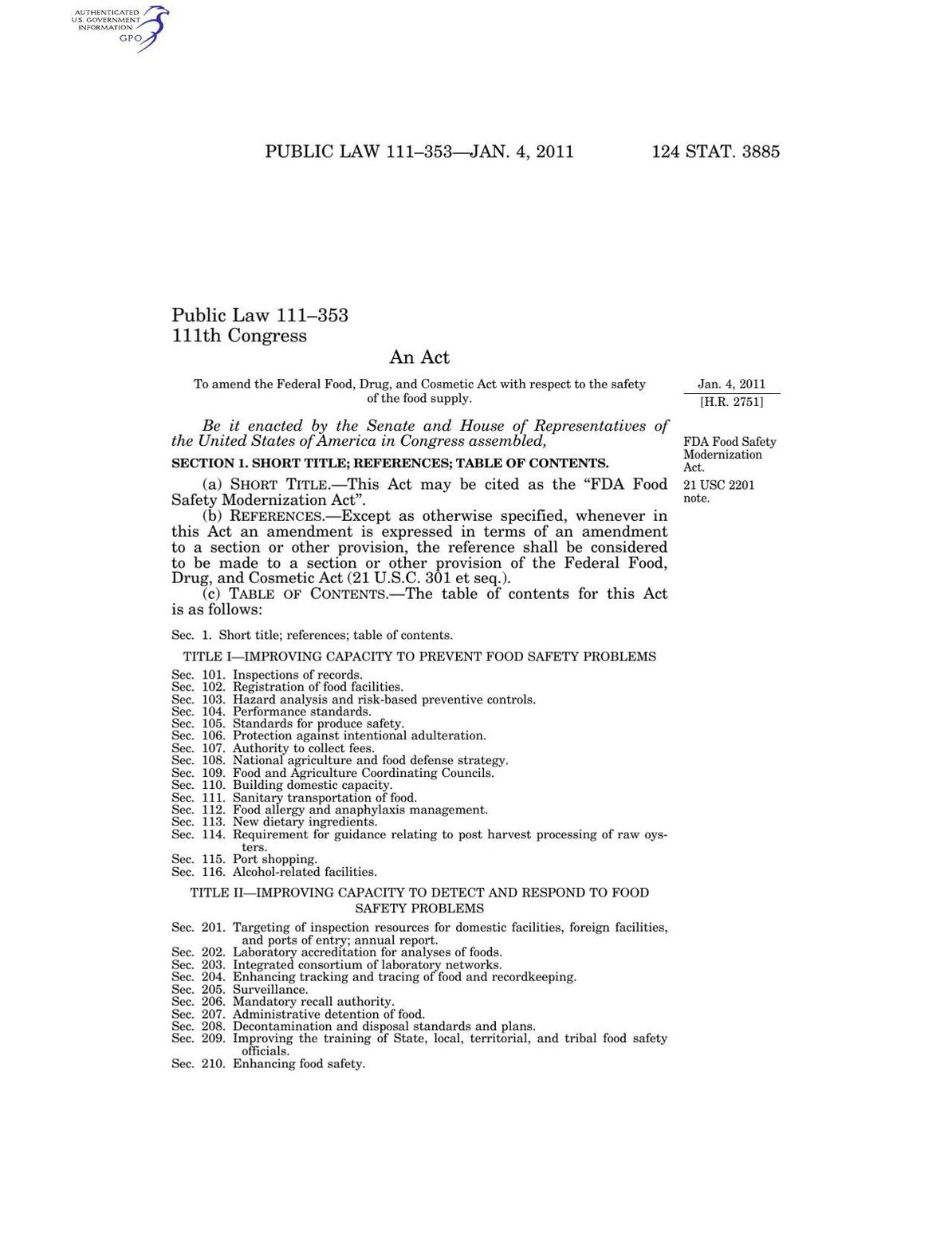 FDA Food Modernization Safety Act