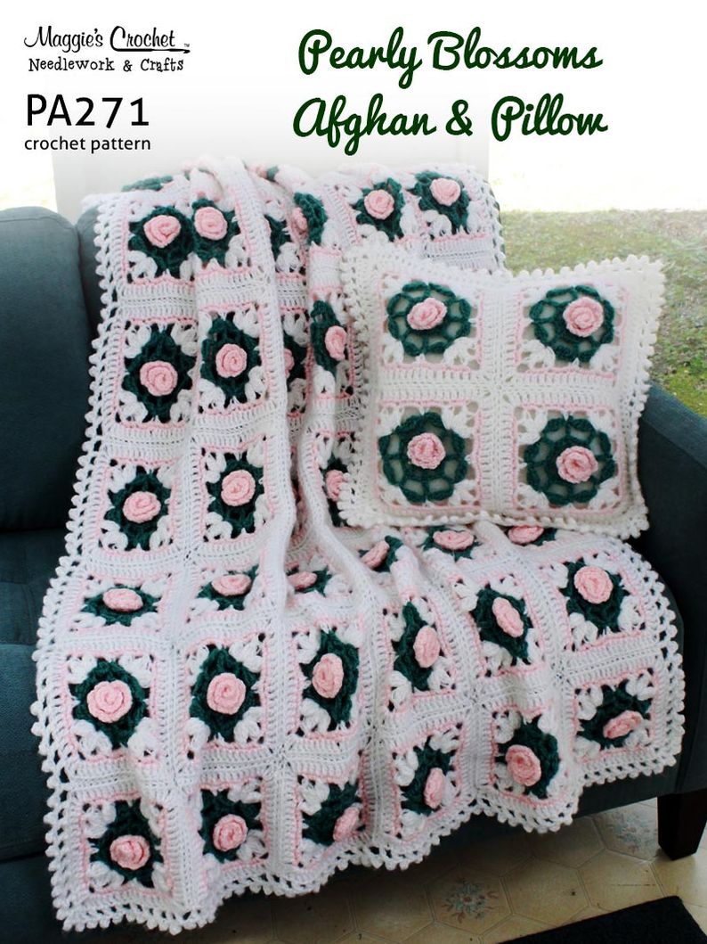 Crochet Pattern Pearly Blossoms Afghan and Pillow PA271-R