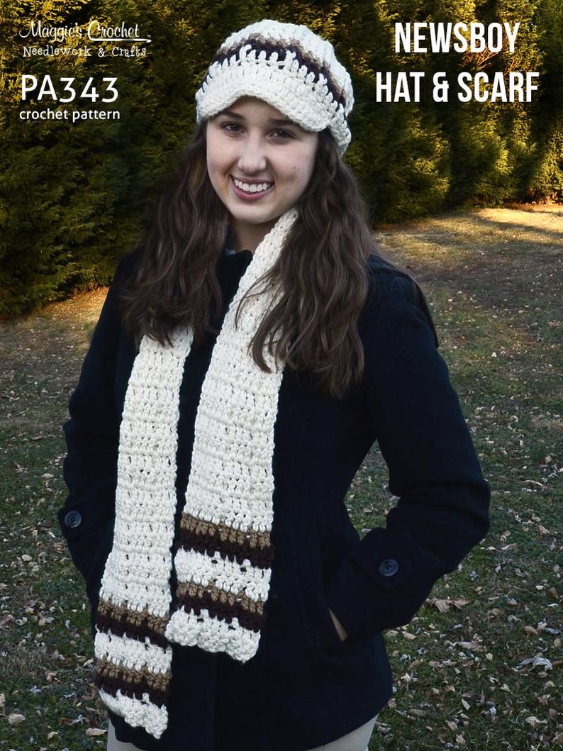 Crochet Pattern Newsboy Hat and Scarf PA343-R