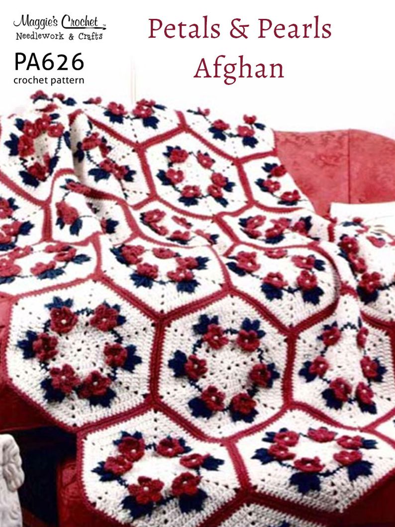 PA626-R Petals & Pearls Hexagon Afghan Crochet Pattern