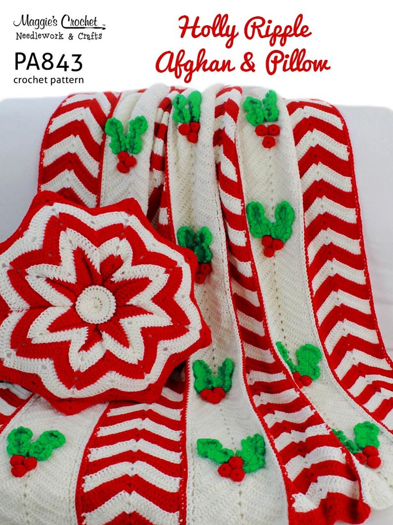 PA843-R Holly Ripple Afghan and Pillow Crochet Pattern