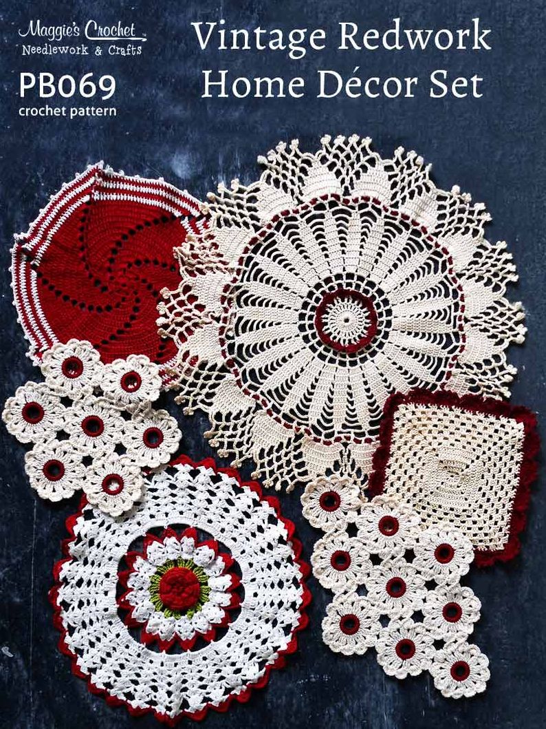 Crochet Pattern Vintage Redwork Home Decor PB069-R