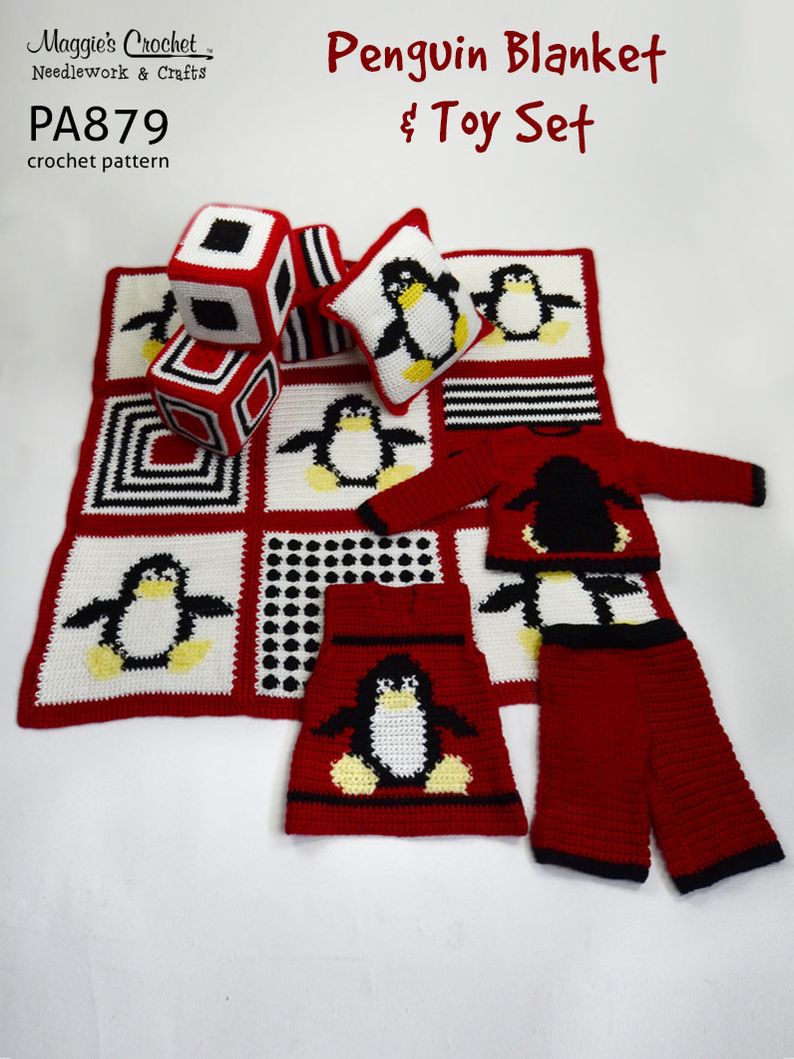 PA879-R Penguin Blanket and Toy Set Crochet Pattern