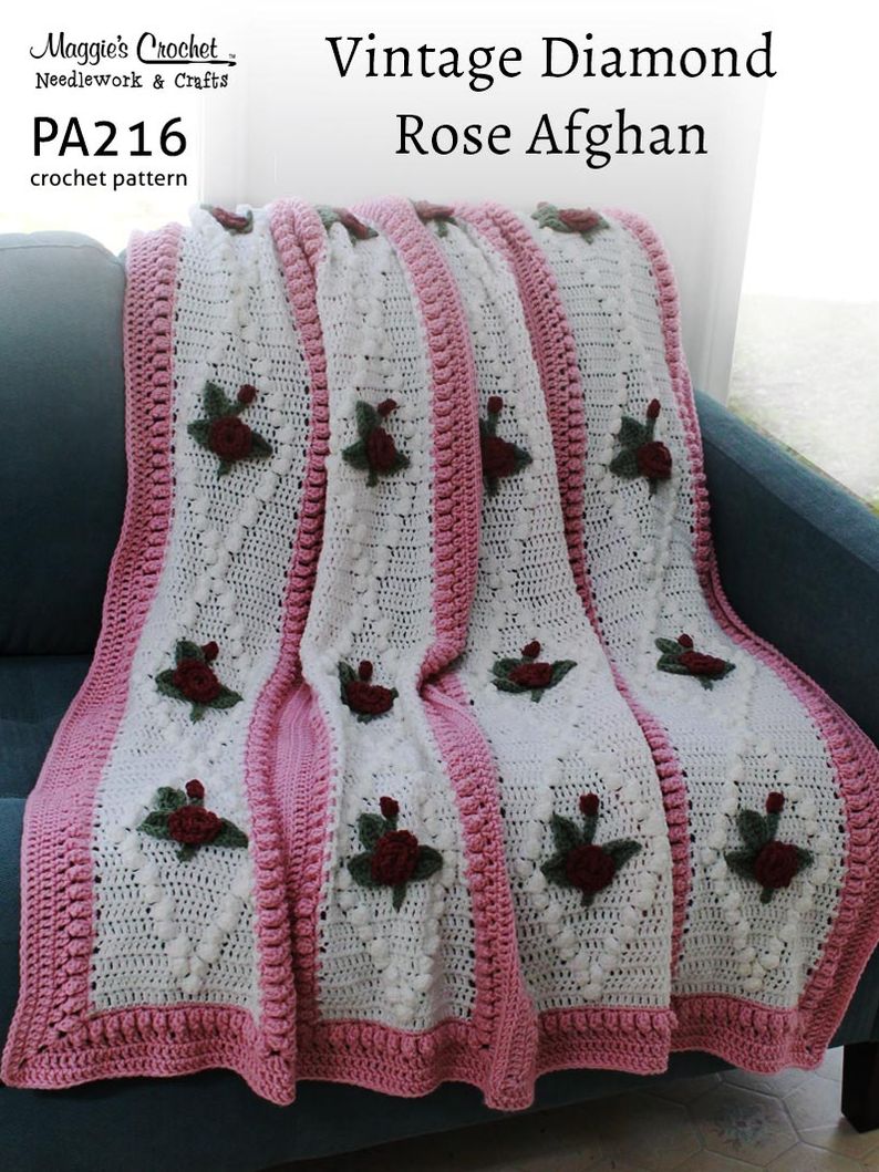Crochet Pattern Vintage Diamond Rose Afghan PA216-R