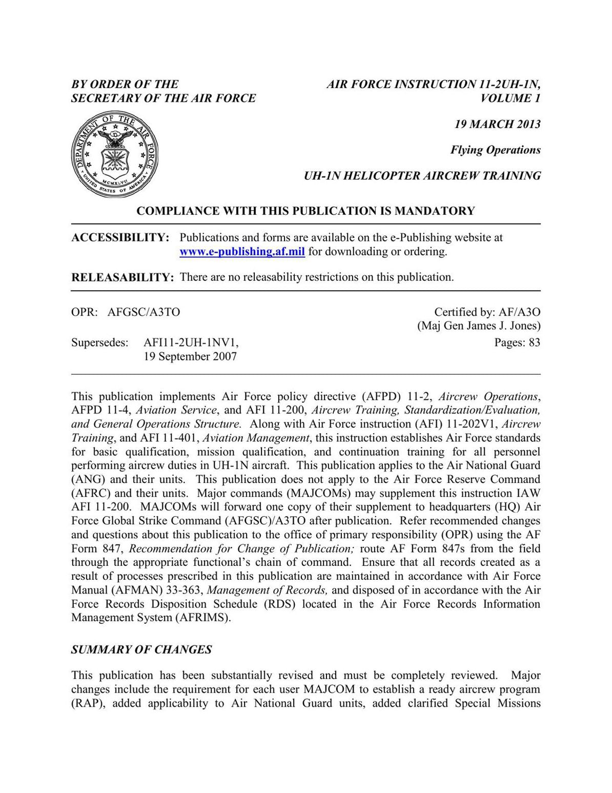 UH-1N Helicopter Aircrew Training, Volume 1 (AFI11-2UH-1NV1)