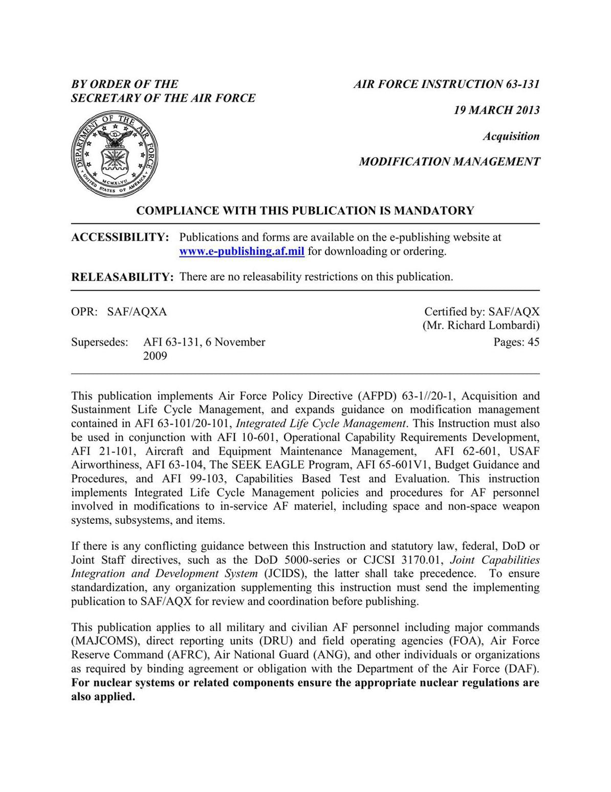 Modification Management (AFI63-131)