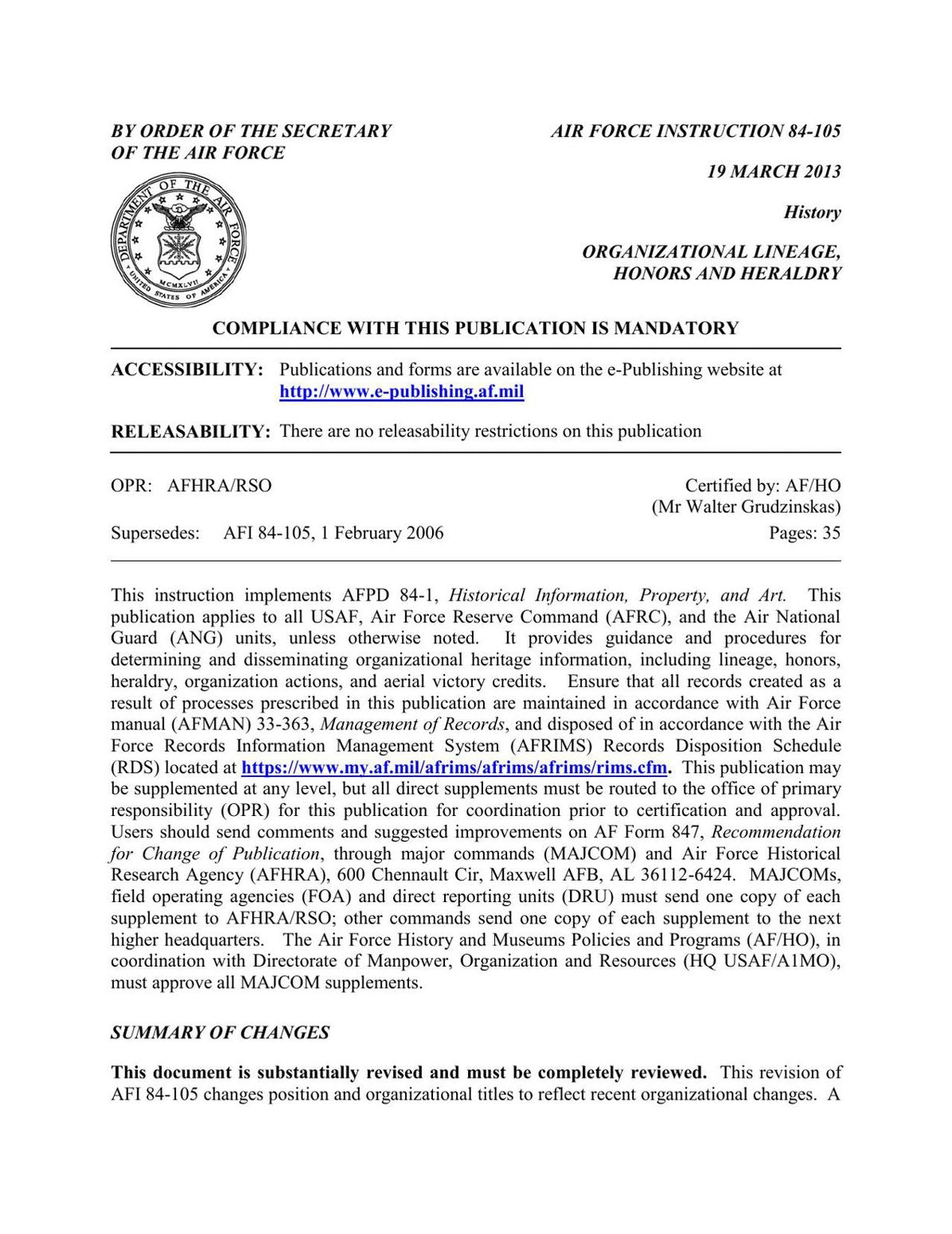 Organizational Lineage, Honors and Heraldry (AFI84-105)