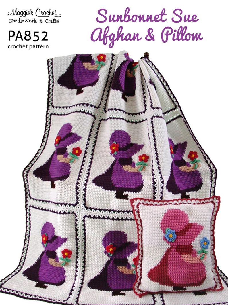 PA852-R Sunbonnet Sue Afghan and Pillow Crochet Pattern