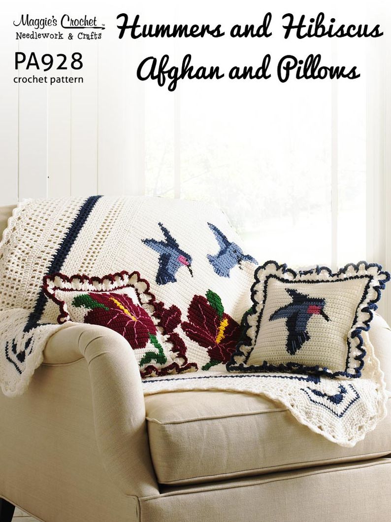 PA928-R Hummers & Hibiscus Afghan & Pillow Crochet Pattern