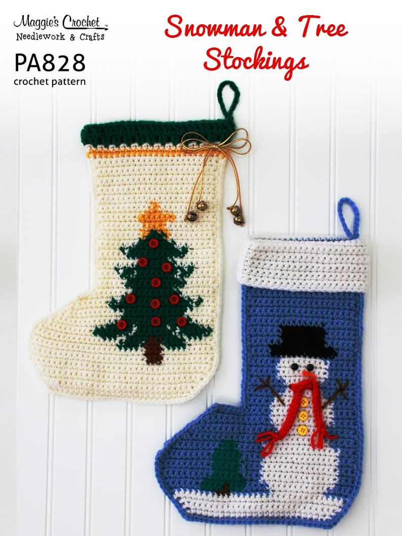 PA828-R Snowman and Christmas Tree Stockings Crochet Pattern