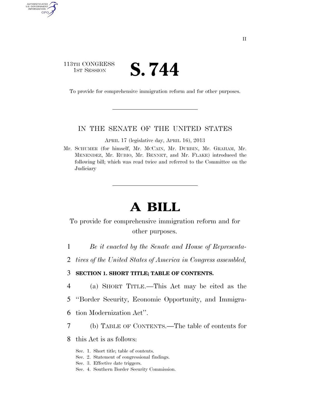 Border Security, Economic Opportunity, and Immigration Modernization Act (S. 744)