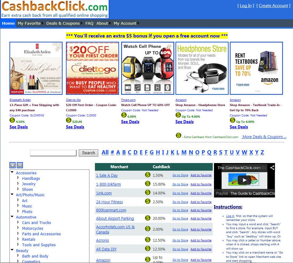 Make money while shopping online: CashbackClick.com is a one-stop portal for all of your online savings. It leads you to savings on thousands of web stores, and gives you extra cash back on top of merchant coupons or discounts.