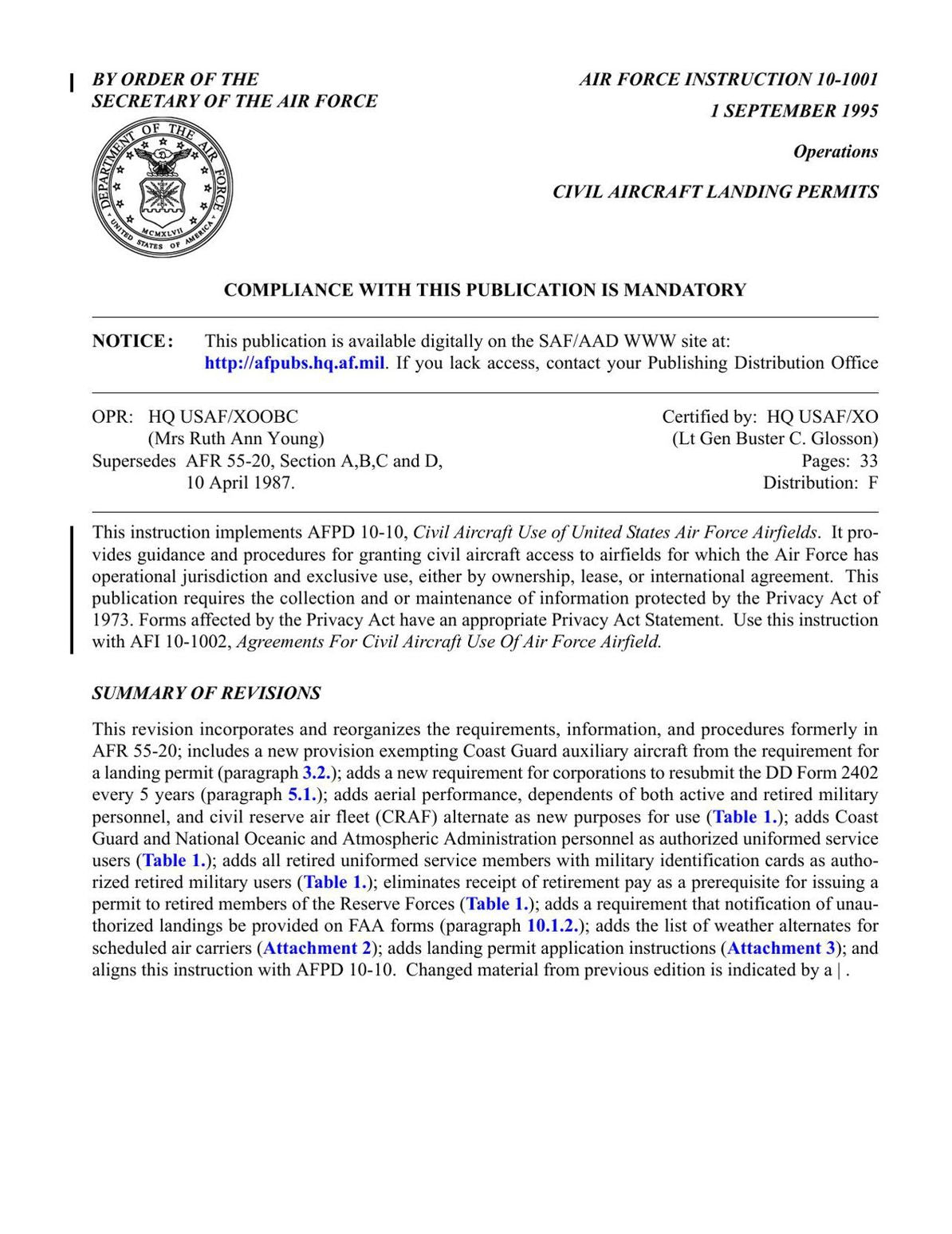 Civil Aircraft Landing Permits (AFI 10-1001)
