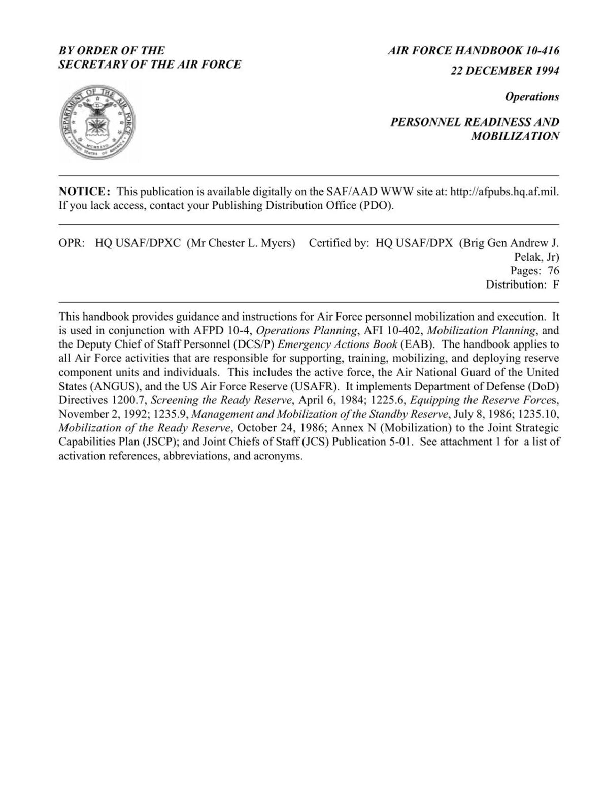 Personnel Readiness and Mobilization (AFH 10-416)