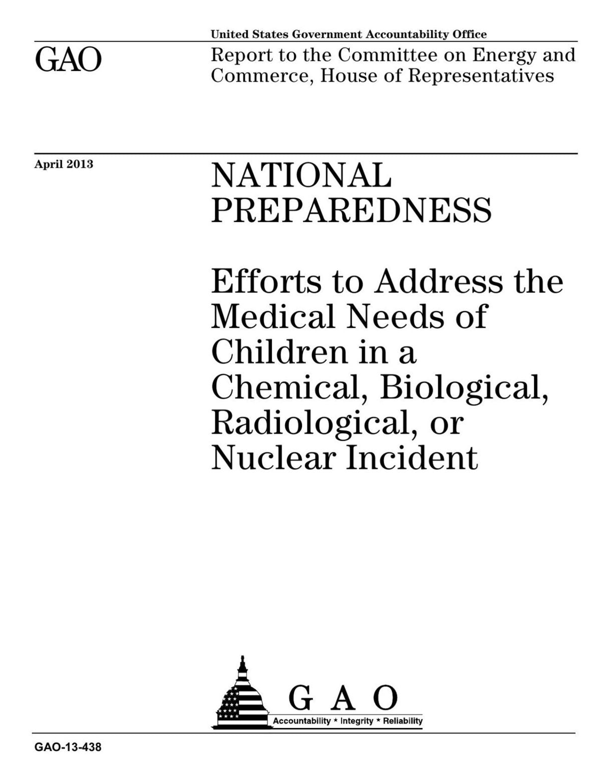 National Preparadeness: Efforts to Address the Medical Needs of Children in a Chemical, Biological, Radiological, or Nuclear Incident