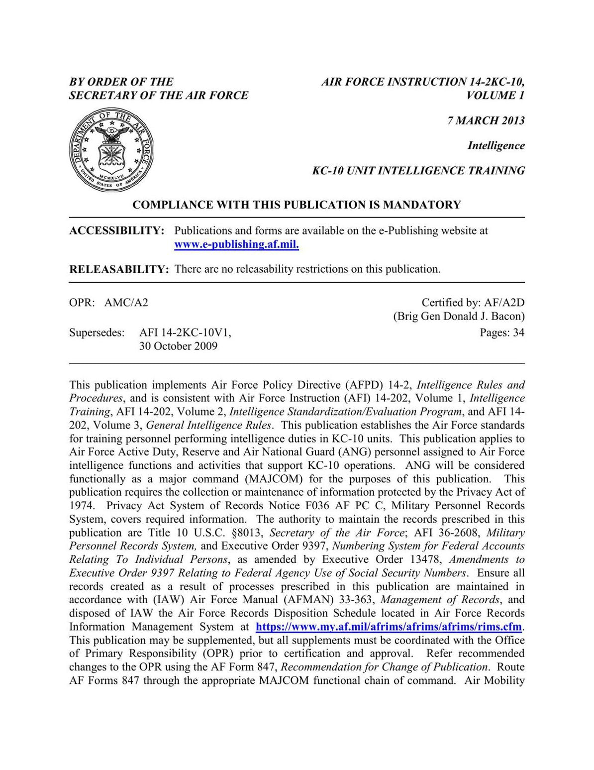 KC-10 Unit Intelligence Training Volume 1 (AFI 14-2KC-10V1)