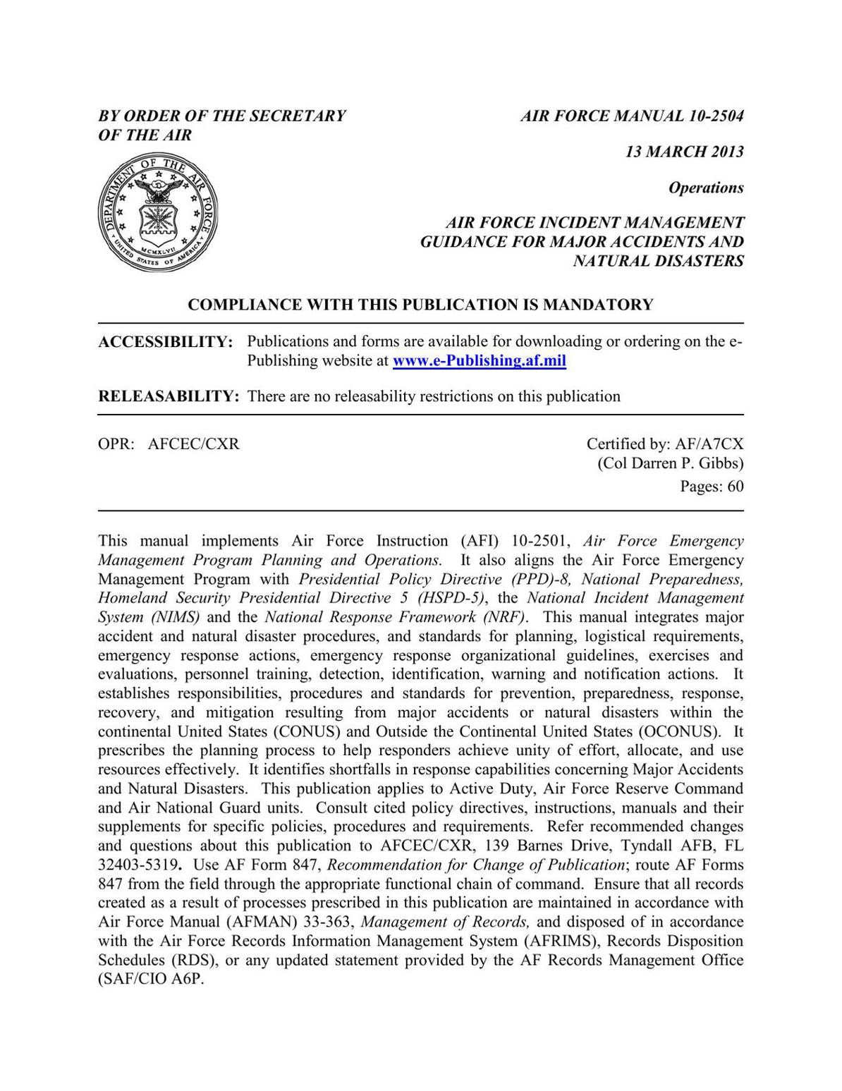 Air Force Incident Management Guidance for Major Accidents and Natural Disasters (AFMAN 10-2504)