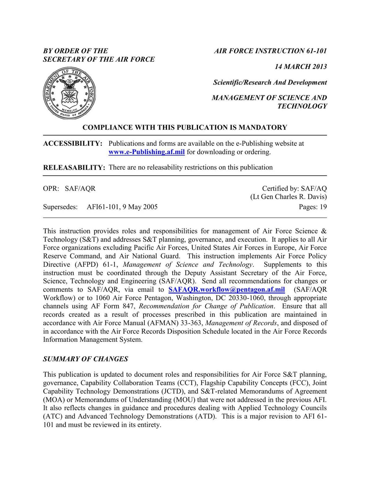 Management of Science and Technology (AFI 61-101)