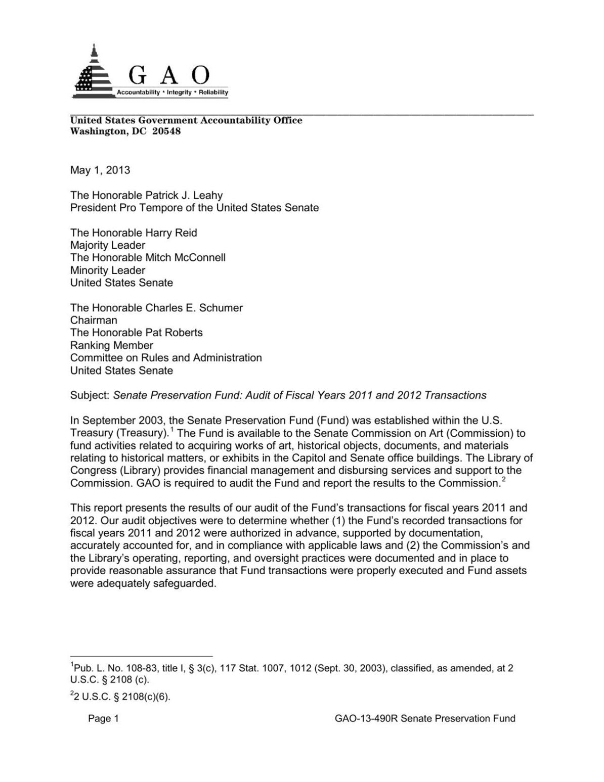 Senate Preservation Fund: Audit of Fiscal Years 2011 and 2012 Transactions