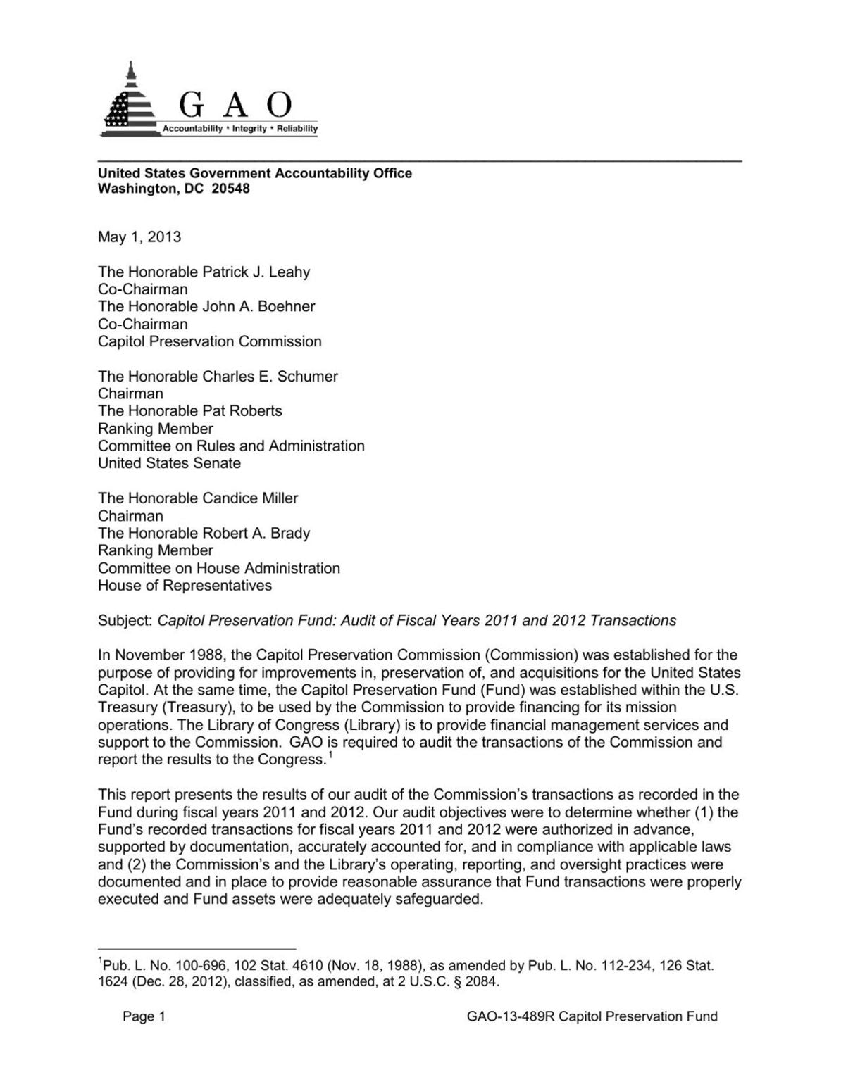 Capitol Preservation Fund: Audit of Fiscal Years 2011 and 2012 Transactions