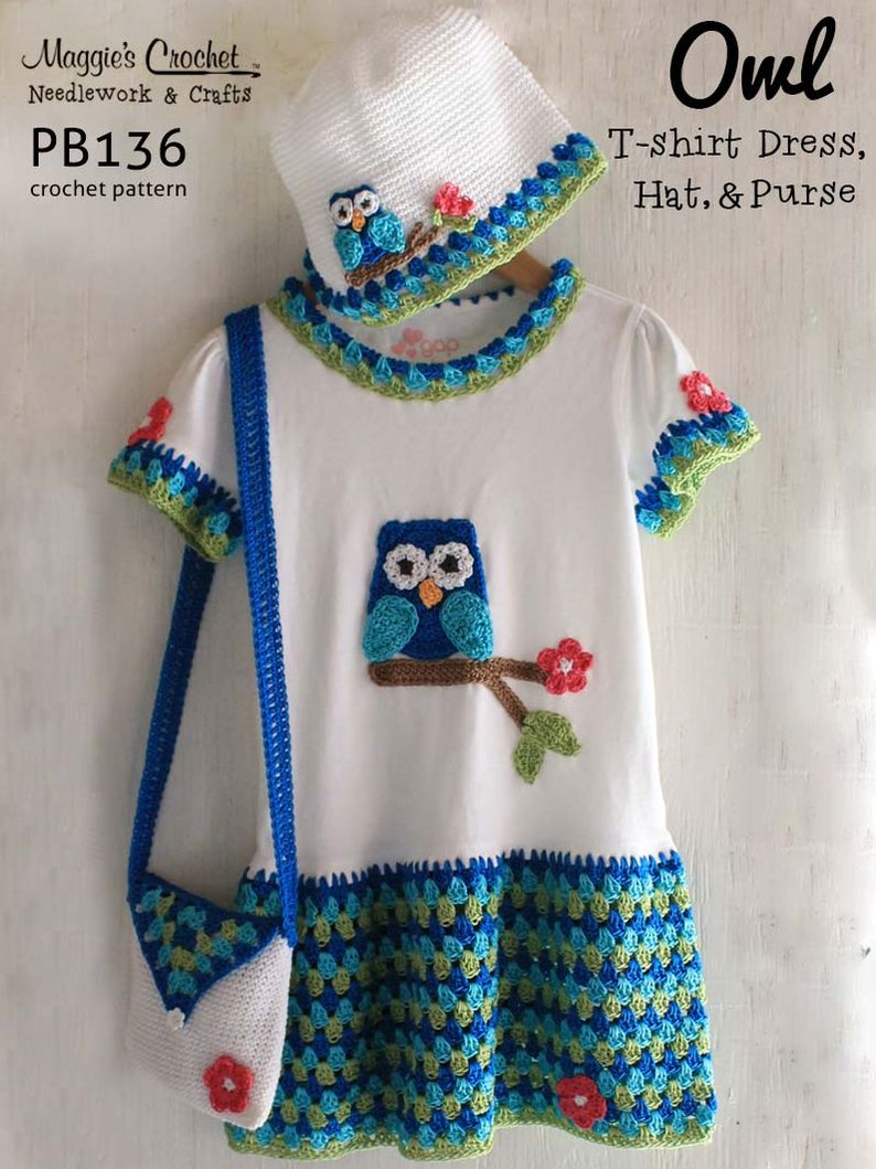 PB136-R Owl T-Shirt Dress, Hat & Purse Crochet Pattern
