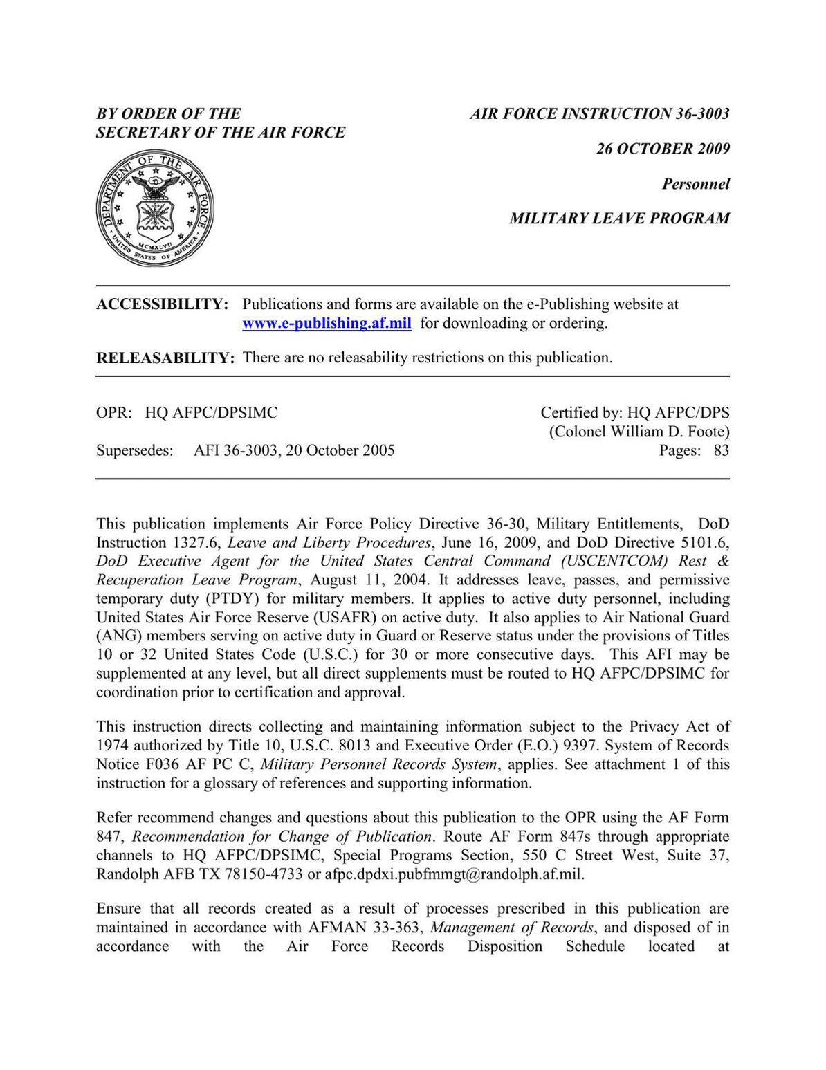 Military Leave Program (AFI 36-3003)