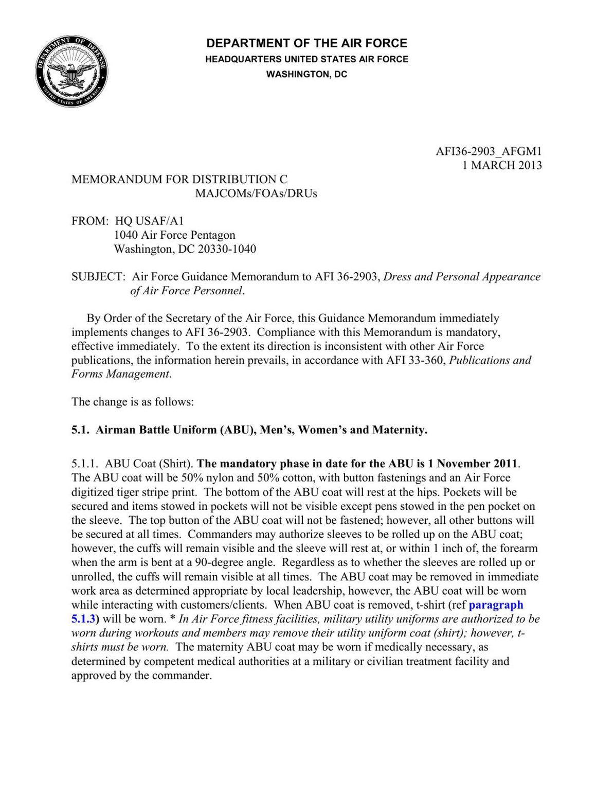 Dress and Personal Appearance of Air Force Personnel (AFI 36-2903)