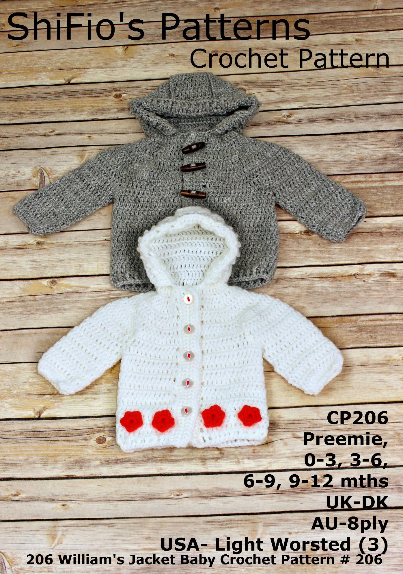 206- William's Hooded Jacket Crochet Pattern USA #206
