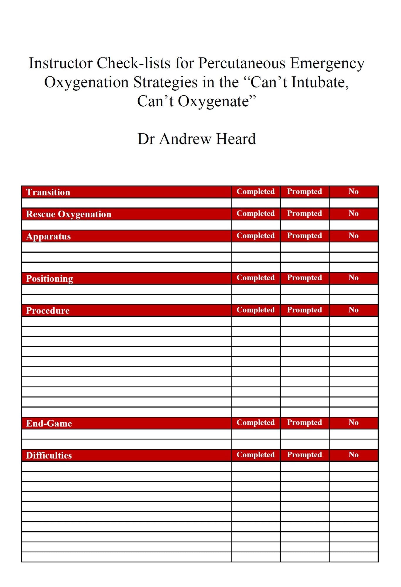 Instructor Check-lists for Percutaneous Emergency Oxygenation Strategies in the "Can't Intubate, Can't Oxygenate" Scenario