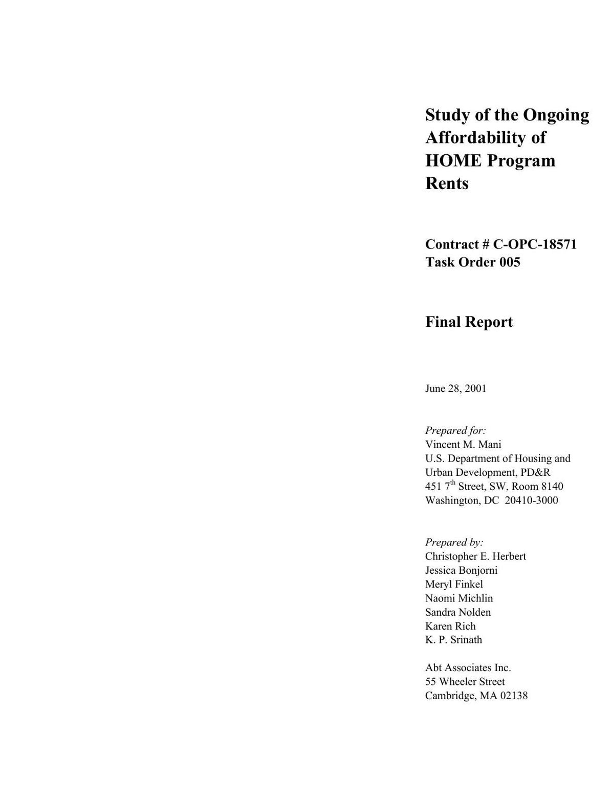 Study of the Ongoing Affordability of HOME Program Rents