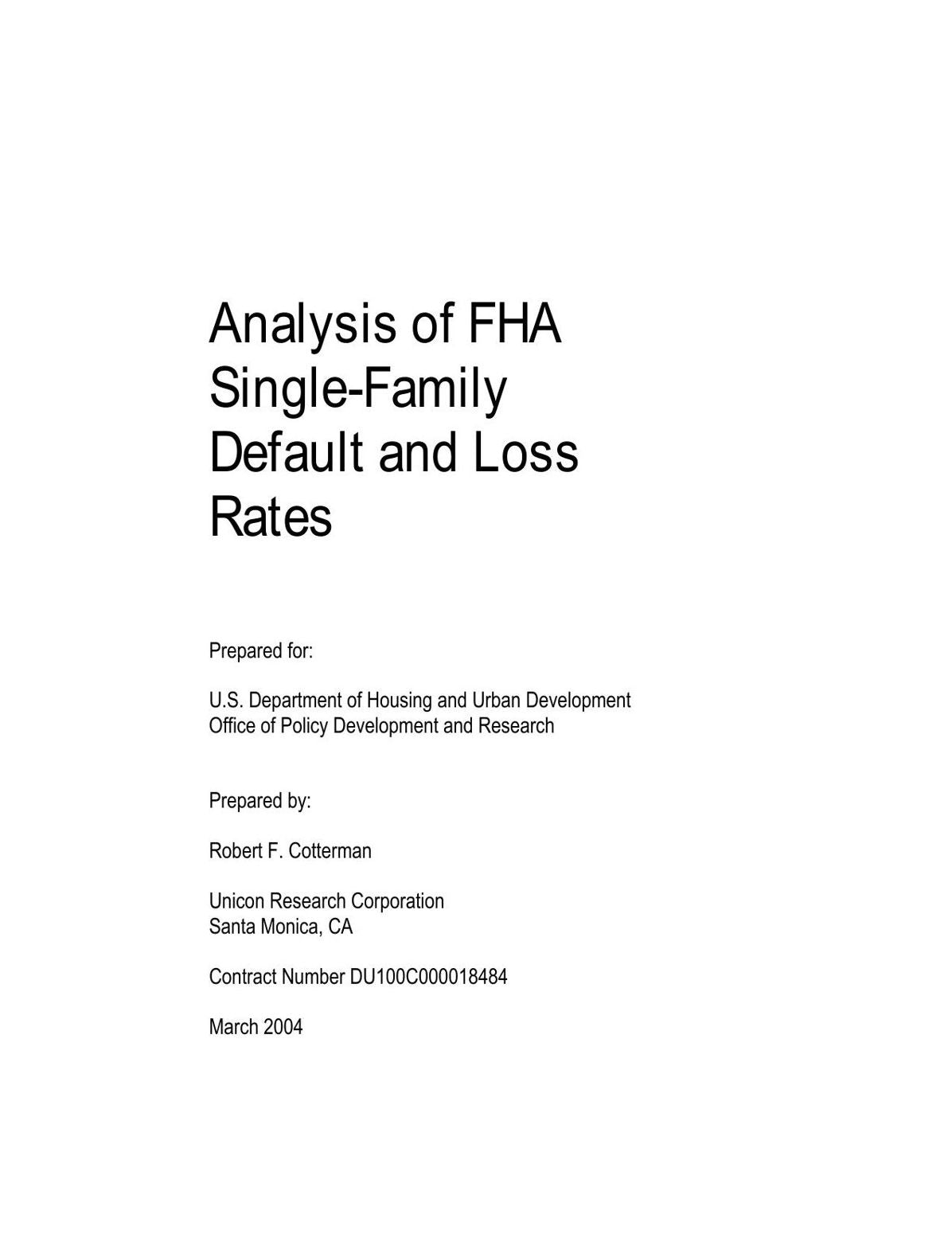 Analysis of FHA Single-Family Default and Loss Rates