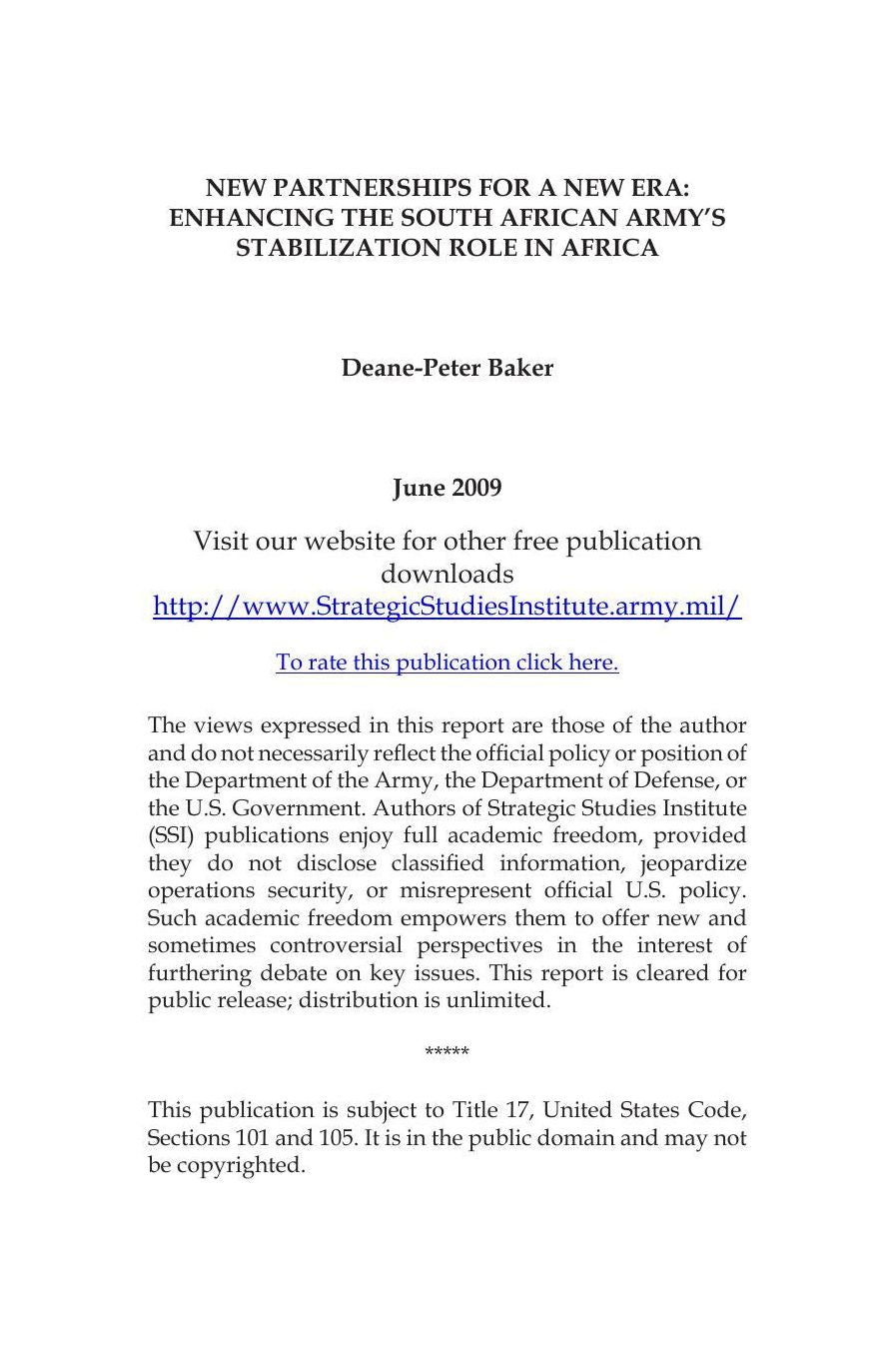 NEW PARTNERSHIPS FOR A NEW ERA: ENHANCING THE SOUTH AFRICAN ARMY’S STABILIZATION ROLE IN AFRICA