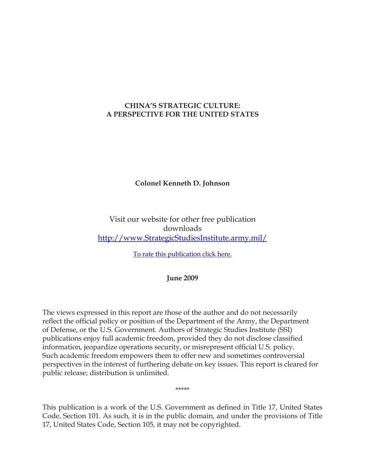 CHINA’S STRATEGIC CULTURE: A PERSPECTIVE FOR THE UNITED STATES