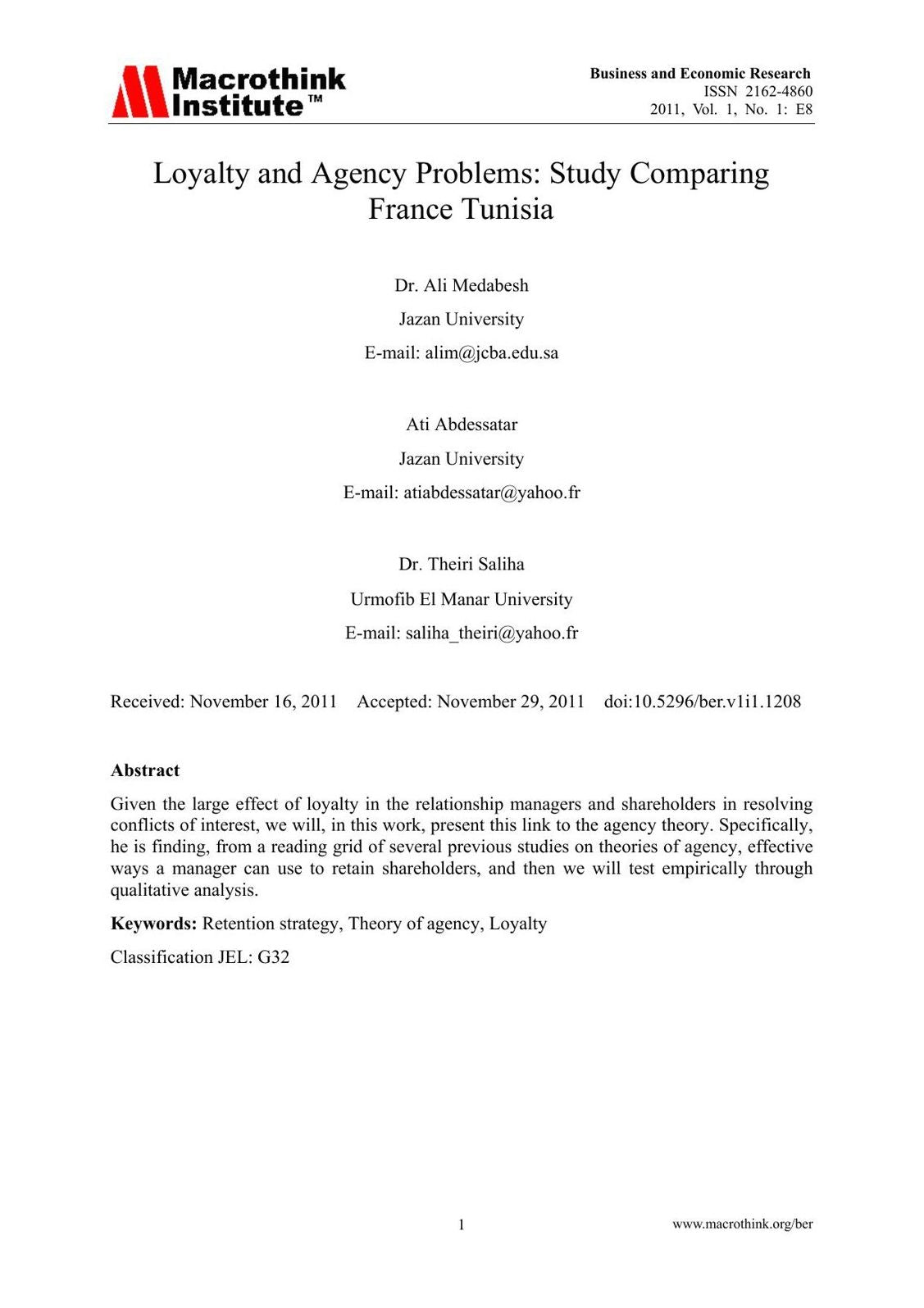 Loyalty and Agency Problems: Study Comparing France Tunisia