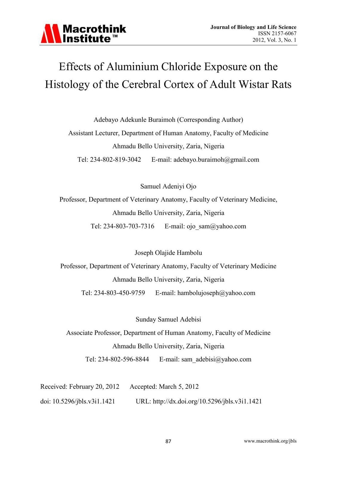 Effects of Aluminium Chloride Exposure on the Histology of the Cerebral Cortex of Adult Wistar Rats