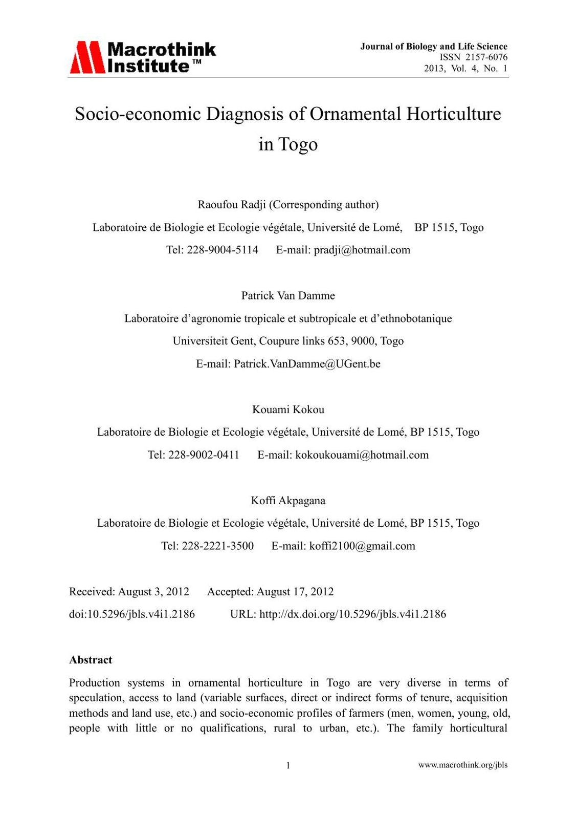 Socio-economic Diagnosis of Ornamental Horticulture in Togo