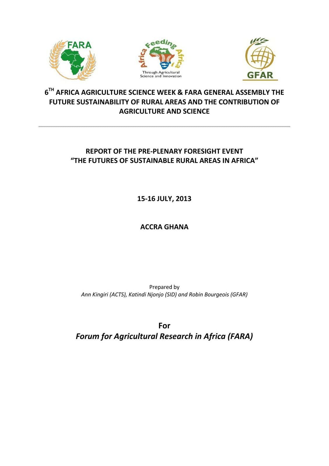 REPORT OF THE PRE-PLENARY FORESIGHT EVENT “THE FUTURES OF SUSTAINABLE RURAL AREAS IN AFRICA”