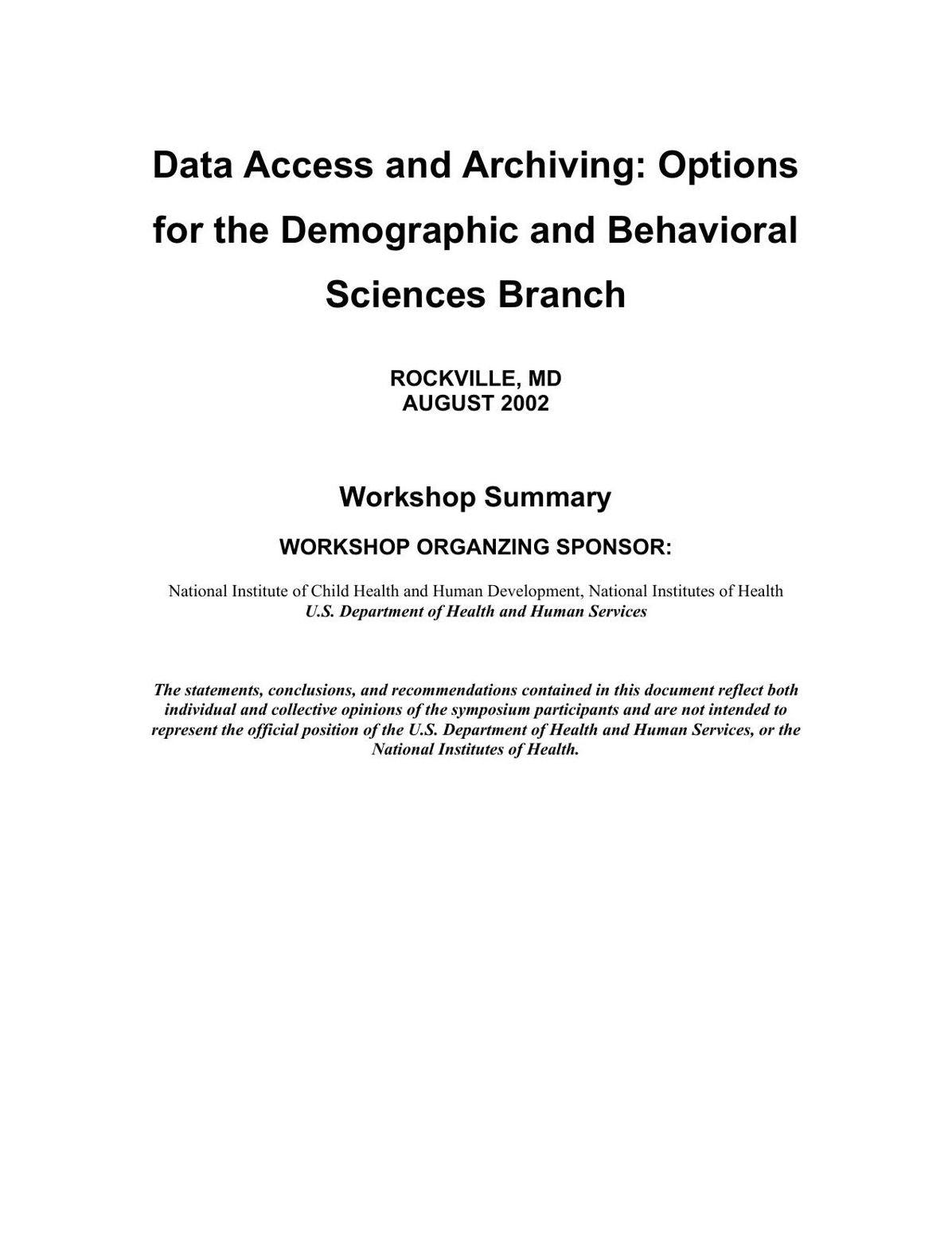 Data Access and Archiving: Options for the Demographic and Behavioral Sciences Branch