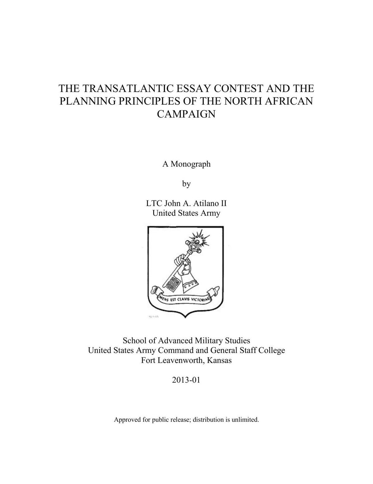 THE TRANSATLANTIC ESSAY CONTEST AND THE PLANNING PRINCIPLES OF THE NORTH AFRICAN CAMPAIGN
