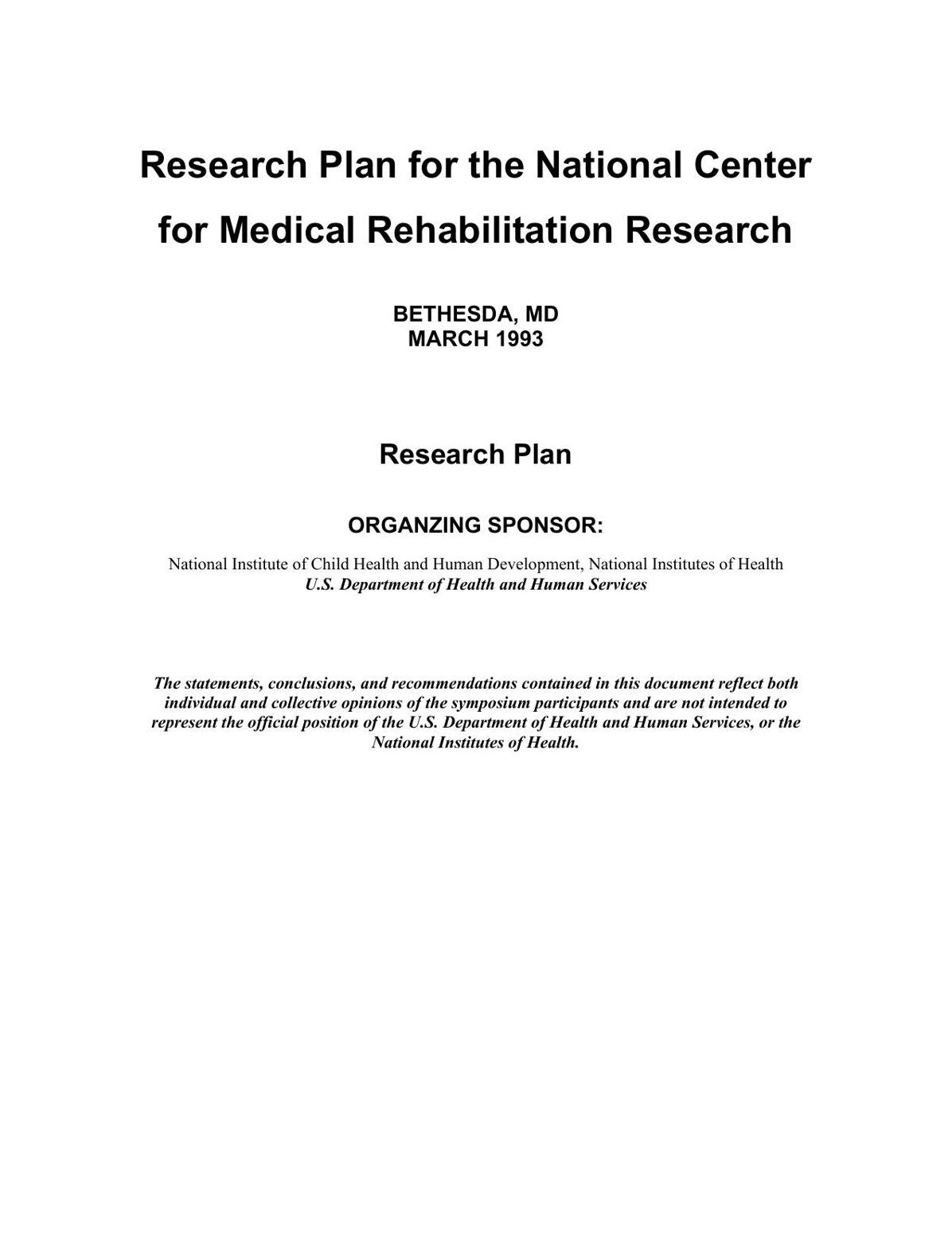 Research Plan for the National Center for Medical Rehabilitation Research