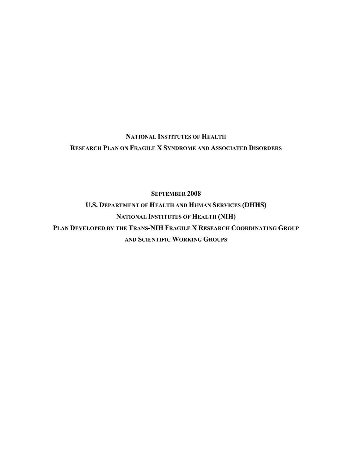 NATIONAL INSTITUTES OF HEALTH RESEARCH PLAN ON FRAGILE X SYNDROME AND ASSOCIATED DISORDERS