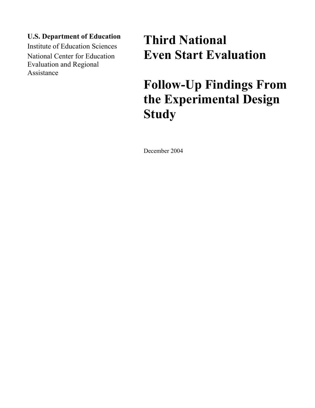 Third National Even Start Evaluation: Follow-Up Findings From the Experimental Design Study