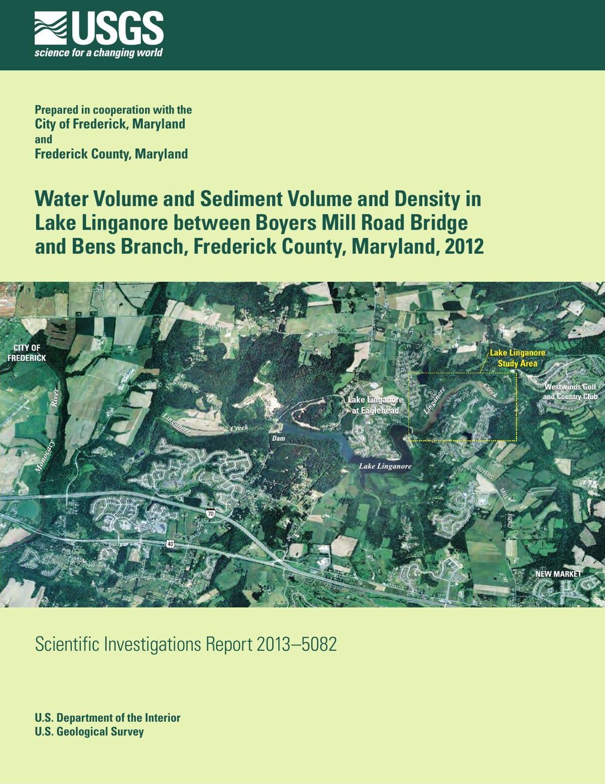 Water Volume and Sediment Volume and Density in Lake Linganore between Boyers Mill Road Bridge and Bens Branch, Frederick County, Maryland (2012)
