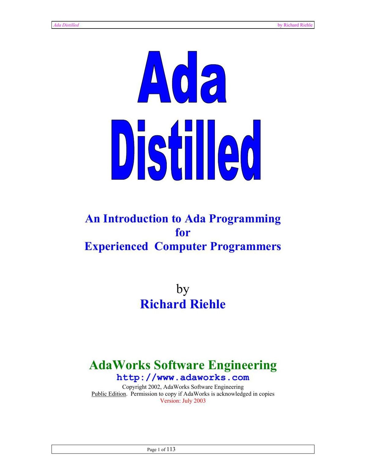 Ada Distilled: An Introduction to Ada Programming for Experienced Computer Programmers