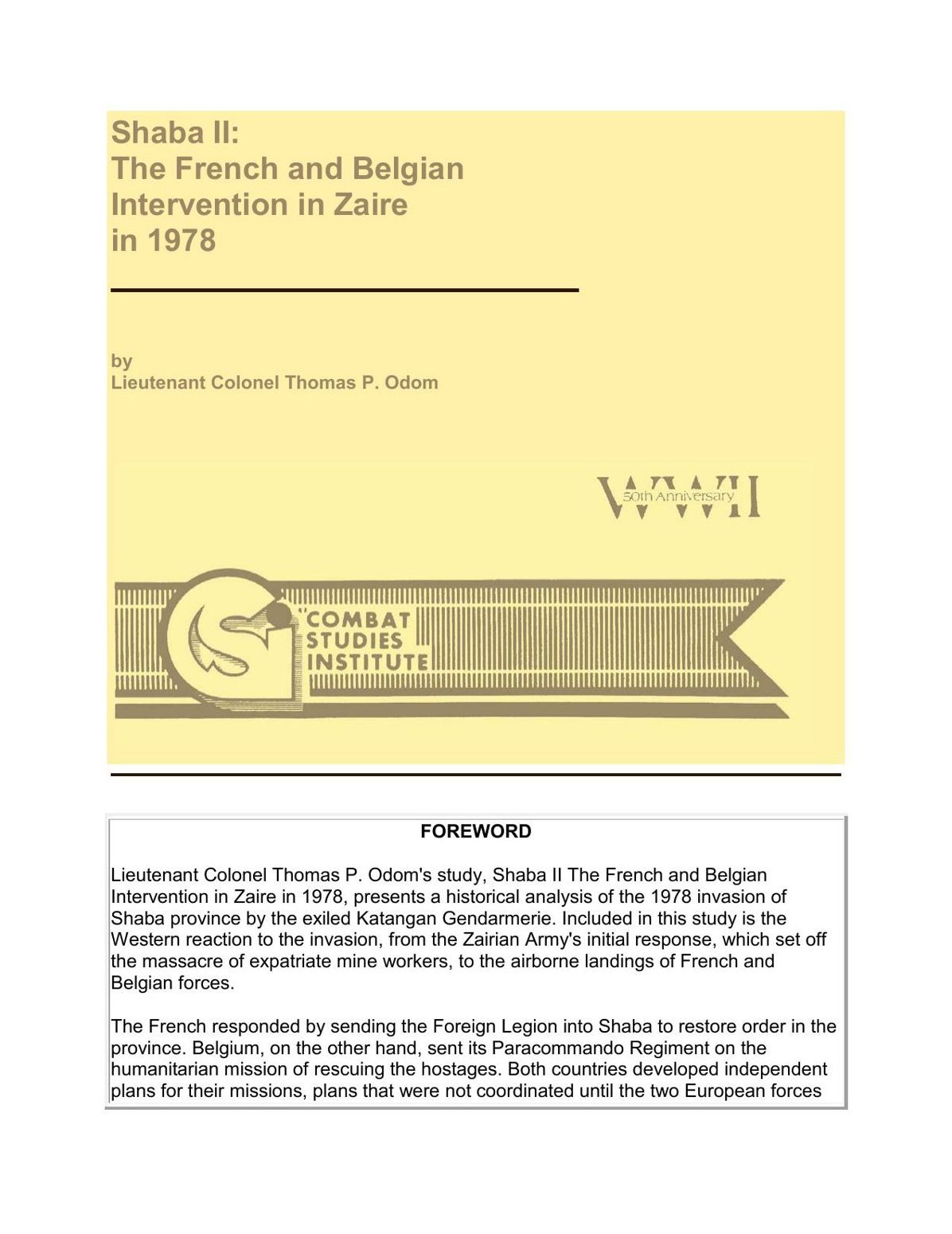 Shaba II: The French and Belgian Intervention in Zaire in 1978