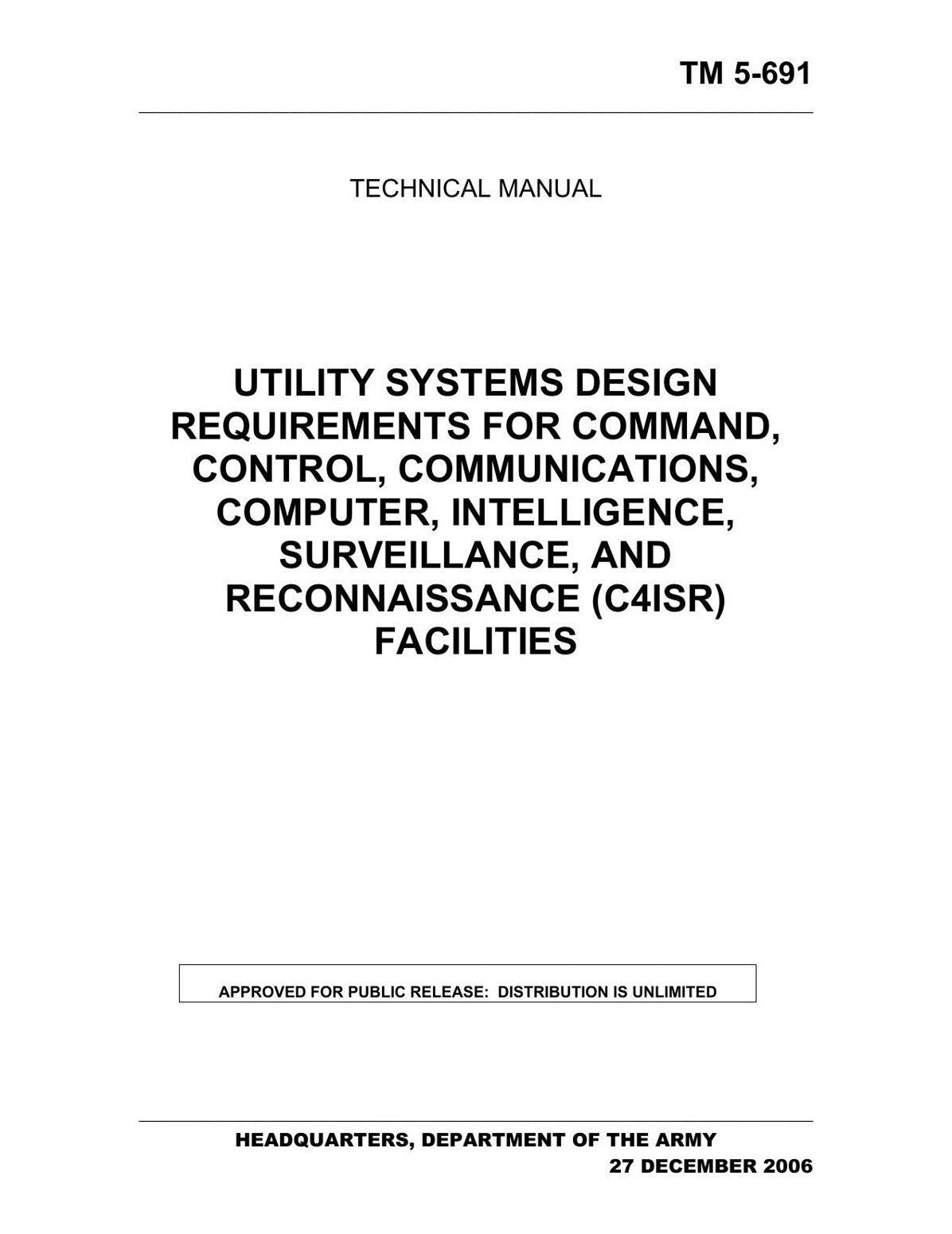 Utility Systems Design Requirements For Command Control, Communications, Computer, Intelligence, Surveillance, and Reconnaissance (C4ISR) Facilities